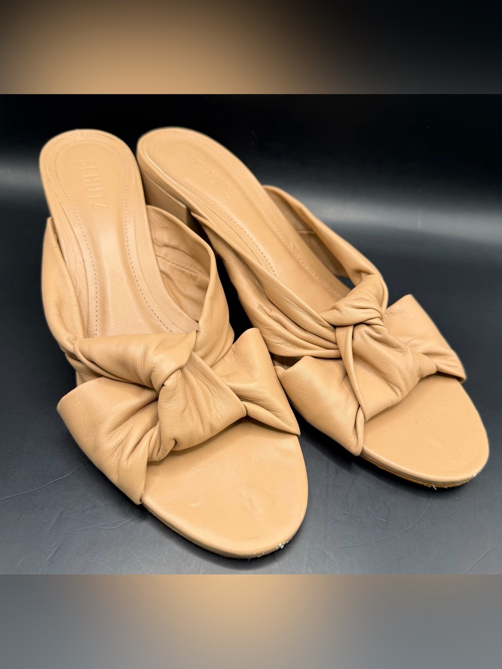 SCHUTZ Tan Knotted Leather Slide Mules, Size:11 B, toe scuff